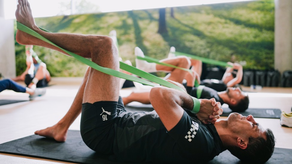 AT FULL STRETCH: Rodri and Co are put through their paces.