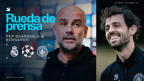 Promotional image for a press conference with Pep Guardiola and Bernardo Silva, featuring logos of Real Madrid and Manchester City, and the UEFA Champions League. Scheduled for December 9, 2025, with location coordinates.