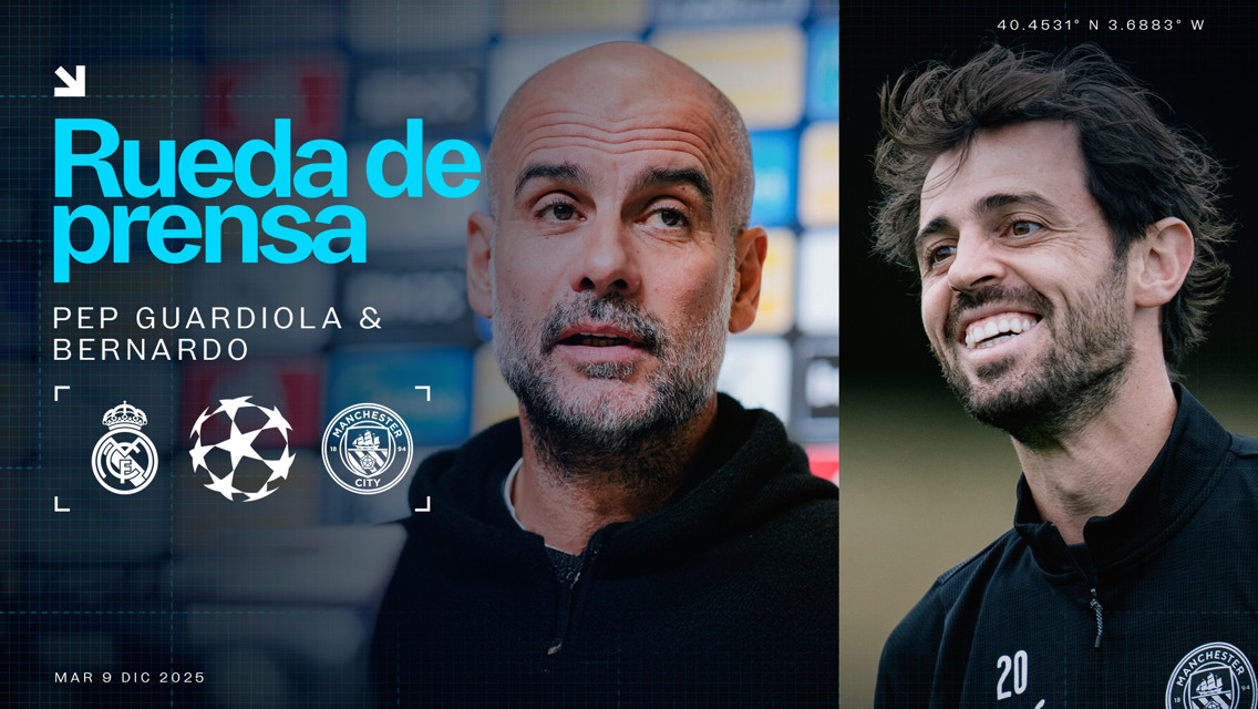Promotional image for a press conference with Pep Guardiola and Bernardo Silva, featuring logos of Real Madrid and Manchester City, and the UEFA Champions League. Scheduled for December 9, 2025, with location coordinates.