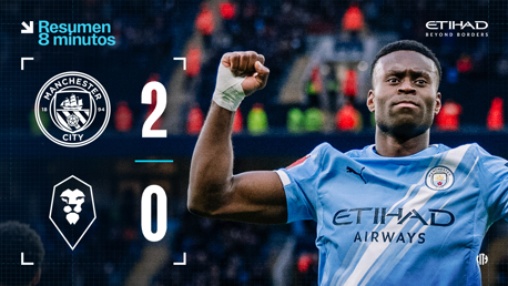 Score graphic showing Manchester City leading 2-0 against Salford City. It includes the Manchester City logo and mentions of Etihad Airways.