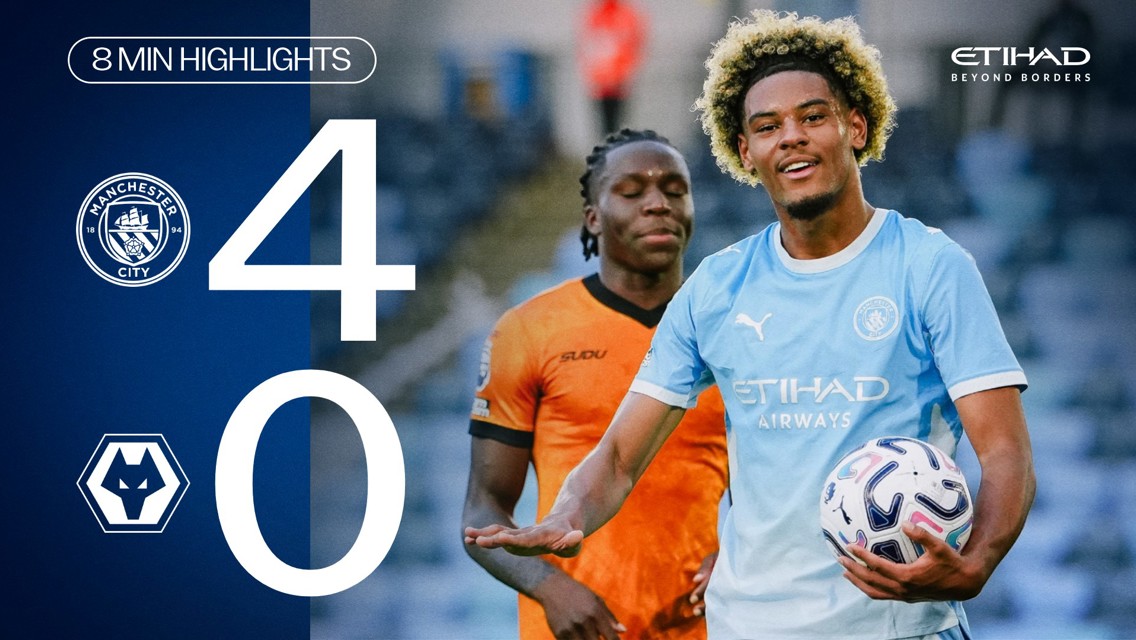 Manchester City defeated Wolves 4-0. Image highlights the score with players from both teams visible.