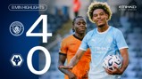 Manchester City defeated Wolves 4-0. Image highlights the score with players from both teams visible.