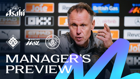 A manager discusses a preview, featuring logos for Asahi, Barclays WSL, Manchester City, and London City Lionesses.