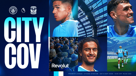 Manchester City match poster featuring player images and details for a match against Coventry City on Sat 5 Sep 2026 at Etihad Stadium, with kick-off at 15:00 (UK).