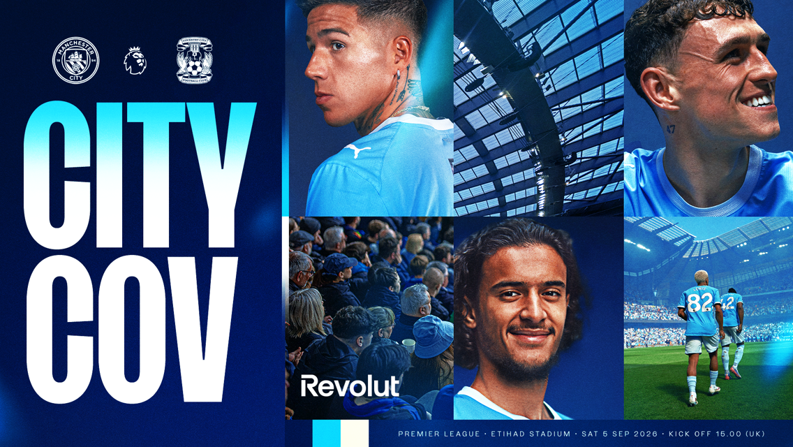 Manchester City match poster featuring player images and details for a match against Coventry City on Sat 5 Sep 2026 at Etihad Stadium, with kick-off at 15:00 (UK).