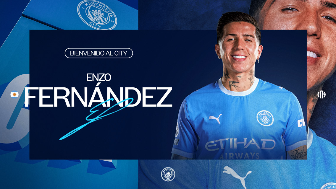 Promotional image featuring Enzo Fernández in a Manchester City kit, with the text 'Bienvenido al City'.