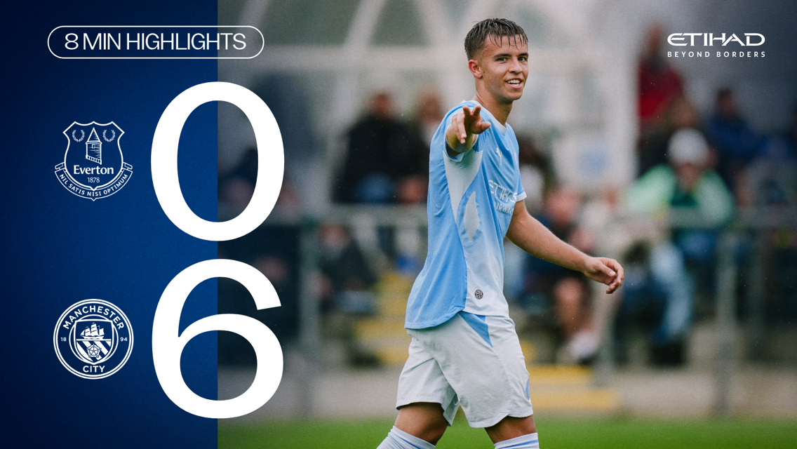 Match highlights screen showing Everton vs Manchester City, with Manchester City leading 6-0. A Manchester City player is featured celebrating.