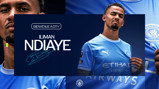 Promotional image welcoming Iliman Ndiaye to Manchester City with text 'Bienvenue à City'. Ndiaye is shown wearing the team's blue jersey.