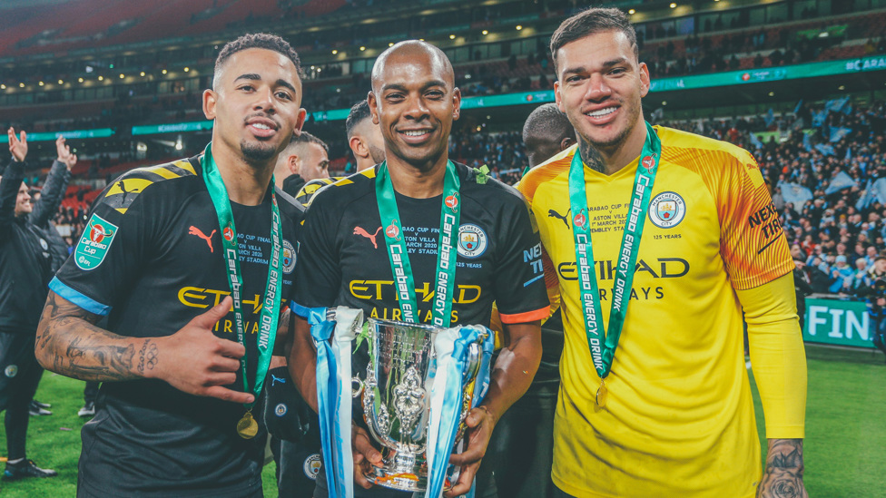 SILVERWARE : Gabriel celebrates the third of his four Carabao Cup triumphs at City, 1 March 2020.