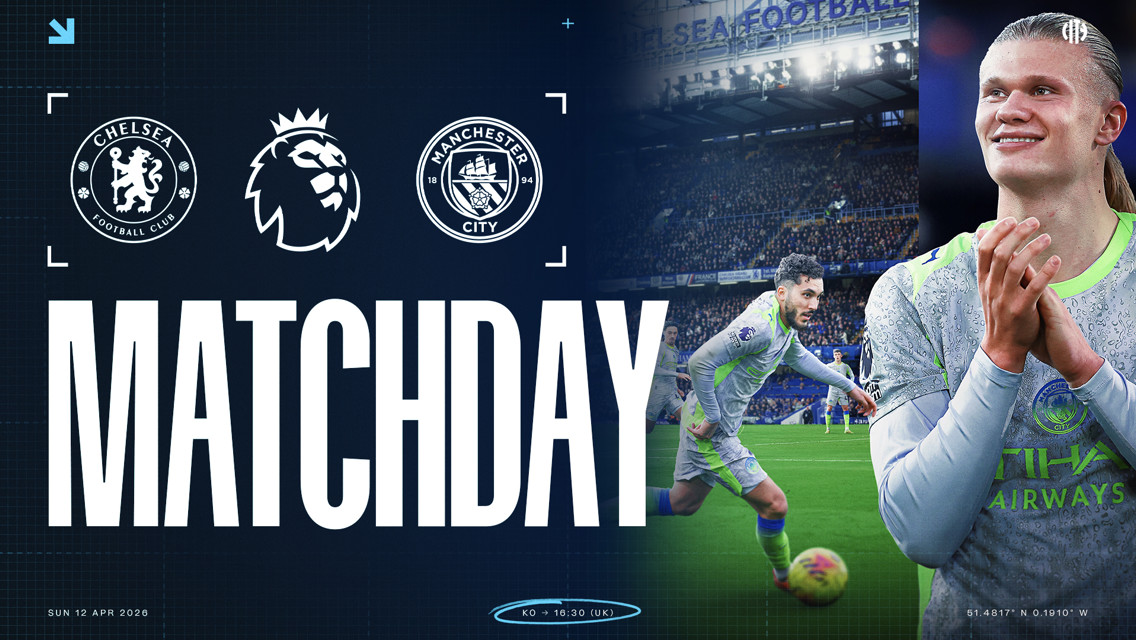 Graphic featuring logos of Chelsea FC and Manchester City with Premier League logo. Text reads 'Matchday' with date and time details. Football action and blurred players in the background.