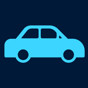 A simple blue car icon is displayed on a dark blue background, showing a side view of the car with two windows and two wheels.