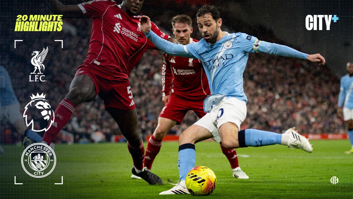 Action shot from a Premier League match between Liverpool FC and Manchester City FC, featuring intense player interactions and logos of the clubs. Includes Premier League logo and branding for City+.