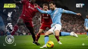 Action shot from a Premier League match between Liverpool FC and Manchester City FC, featuring intense player interactions and logos of the clubs. Includes Premier League logo and branding for City+.