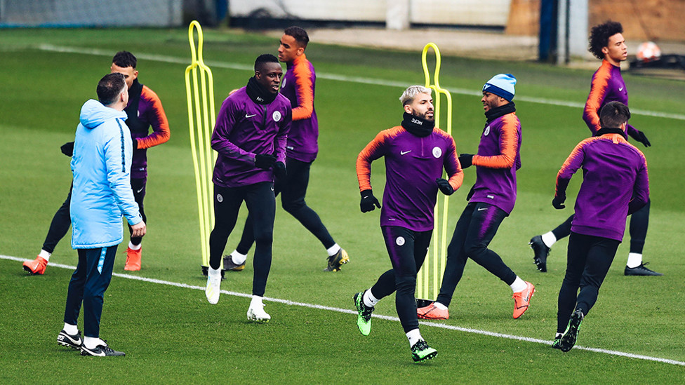JOG ON : The lads continue their warm-ups