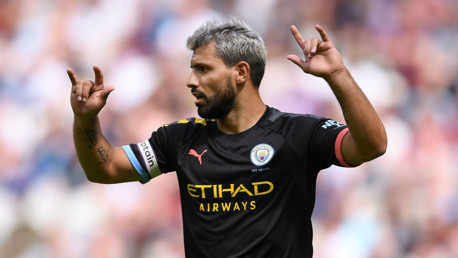 FROM THE SPOT: Sergio Aguero celebrates against West Ham.