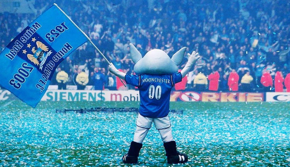 BLUE MOONCHESTER: Our Club mascot gets the fans in the party spirit