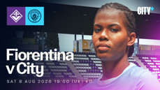 Promotional image for Fiorentina vs City match on Sat 8 Aug 2026 at 19:00 UK time, featuring a player and team logos.