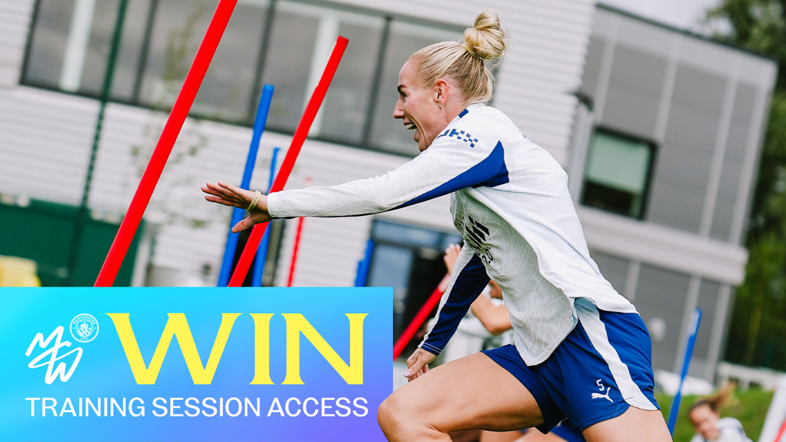 A woman in sports attire enthusiastically participates in a training session, sprinting near colored poles. The graphic overlay reads 'WIN TRAINING SESSION ACCESS' with the Manchester City logo.