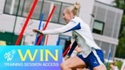 A woman in sports attire enthusiastically participates in a training session, sprinting near colored poles. The graphic overlay reads 'WIN TRAINING SESSION ACCESS' with the Manchester City logo.