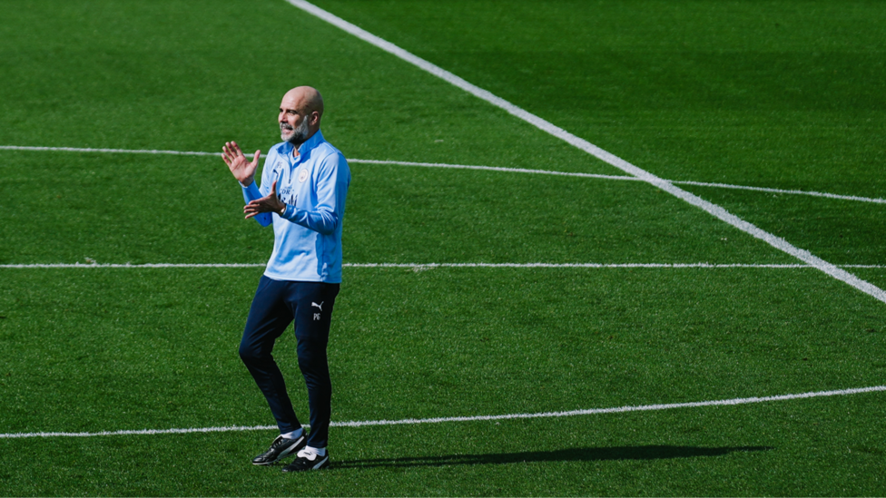THE BOSS: Pep Guardiola calls the shots ahead of the next drill.