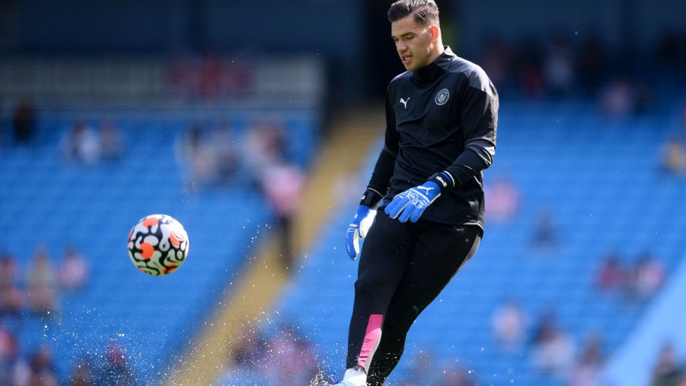STEADY EDDIE : Our shot-stopper gets in the mood during the pre-match warm up.