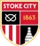 Stoke City badge featuring red and white stripes, a knot symbol, the year 1863, and a bottle shape in quadrants.