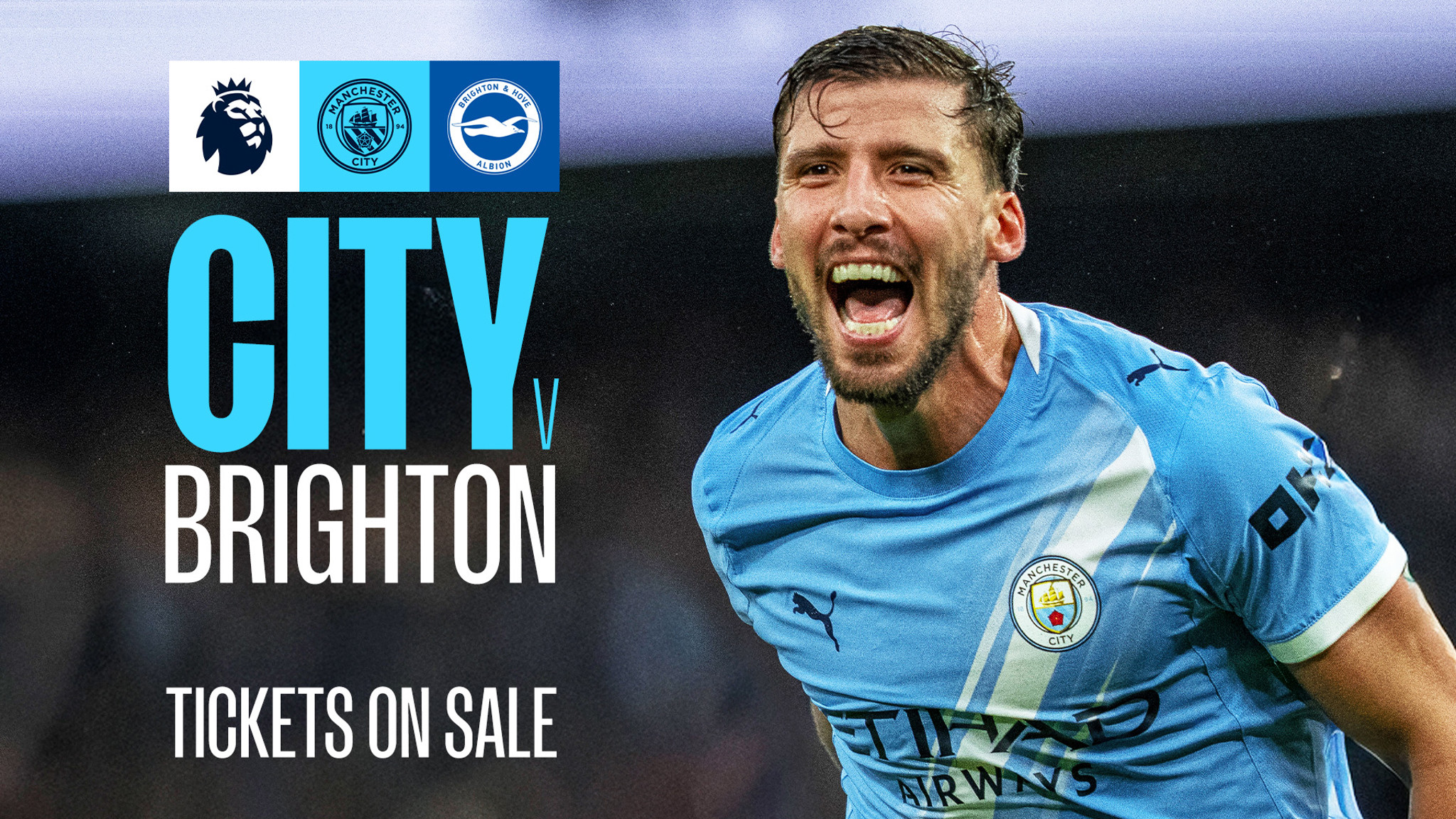 Promotional image for a Manchester City vs Brighton football match with logos of the Premier League, Manchester City, and Brighton & Hove Albion. A player from Manchester City is partially visible with a blurred face. Text indicates tickets are on sale.