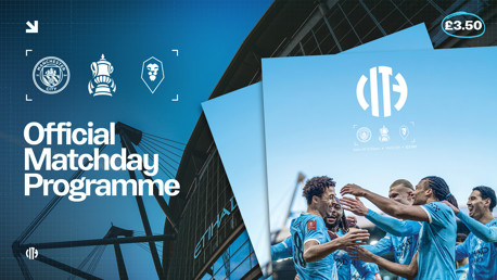 Manchester City Official Matchday Programme featuring the Etihad Stadium and players celebrating. Includes club logos and the FA Cup icon.
