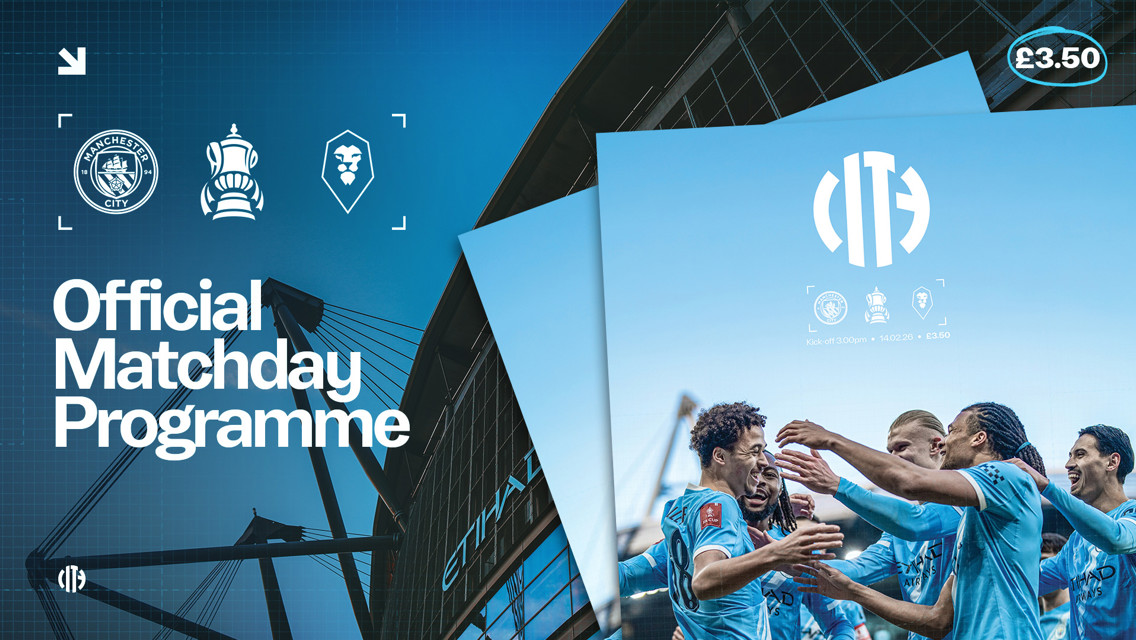 Manchester City Official Matchday Programme featuring the Etihad Stadium and players celebrating. Includes club logos and the FA Cup icon.