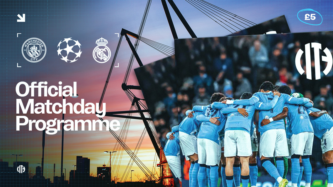 A matchday program cover for a Manchester City vs Real Madrid match featuring team huddle and logos.