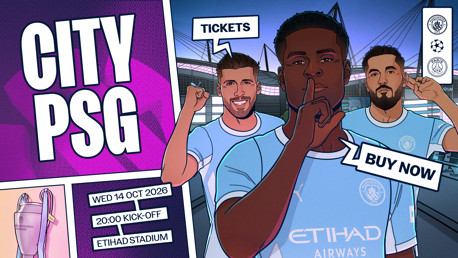 Illustrated poster for Manchester City vs PSG match on Wed 14 Oct 2026 at Etihad Stadium at 20:00 kick-off. Features three Manchester City players with promotional text for tickets.