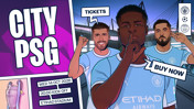 Illustrated poster for Manchester City vs PSG match on Wed 14 Oct 2026 at Etihad Stadium at 20:00 kick-off. Features three Manchester City players with promotional text for tickets.