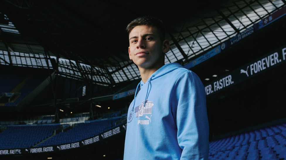 STEPPING OUT : Echeverri takes a look around the Etihad Stadium