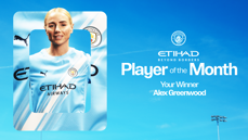 A poster announcing Manchester City's Player of the Month winner, Alex Greenwood, presented by Etihad Airways. It features a Manchester City jersey against a blue sky background.