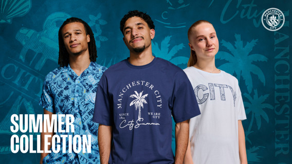 Three individuals showcasing the Manchester City summer collection featuring shirts with the club's branding.