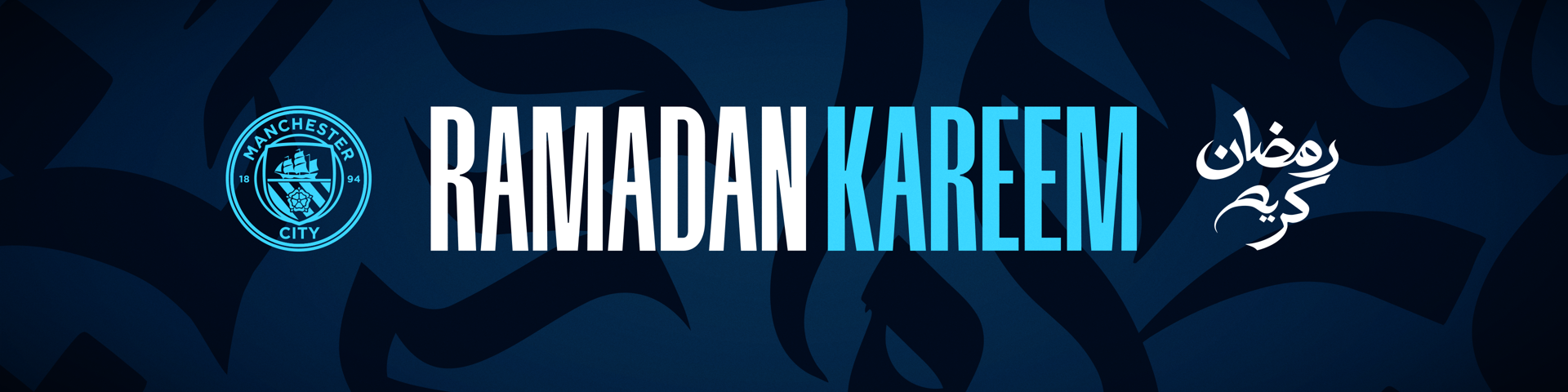 Image features Manchester City logo and the words 'Ramadan Kareem' in English and Arabic with a blue and dark background.