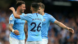 TRIO: Walker celebrates with John Stones and Mahrez after restoring our lead.