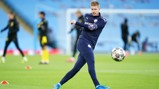 GAME FACE: De Bruyne fully focused during the pre-match warm up.