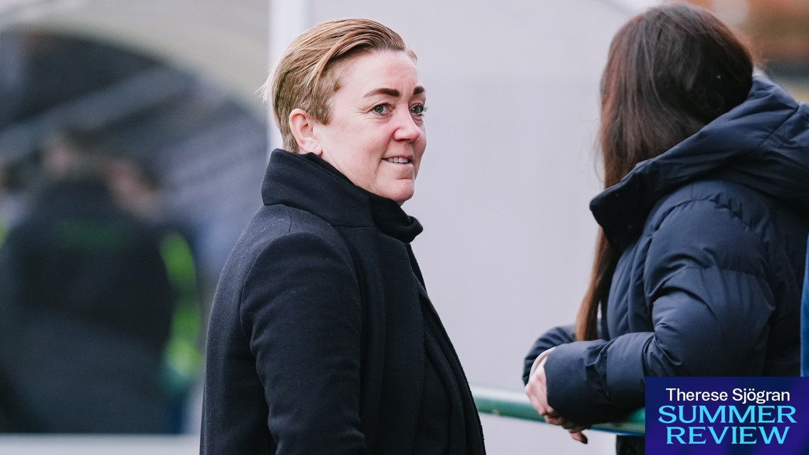 A person with short brown hair wearing a black coat is looking off to the side. Another person in a dark blue jacket is nearby. The text 'Therese Sjögran Summer Review' is visible.