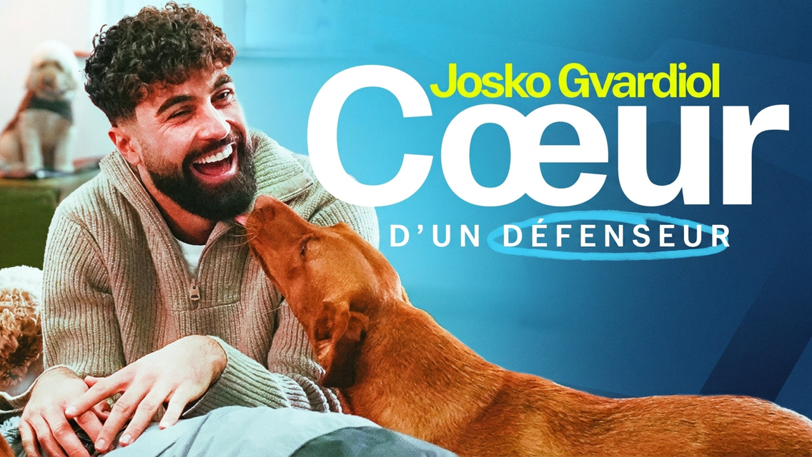 A poster featuring a person with a blurred face and a dog, titled 'Josko Gvardiol Coeur d'un Défenseur'.
