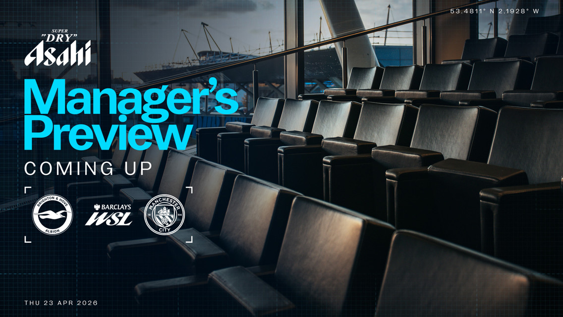 Promotional image for the Manager's Preview event featuring Brighton & Hove Albion vs Manchester City in the Barclays WSL, sponsored by Asahi, scheduled for Thu, 23 Apr 2026. Includes location coordinates.