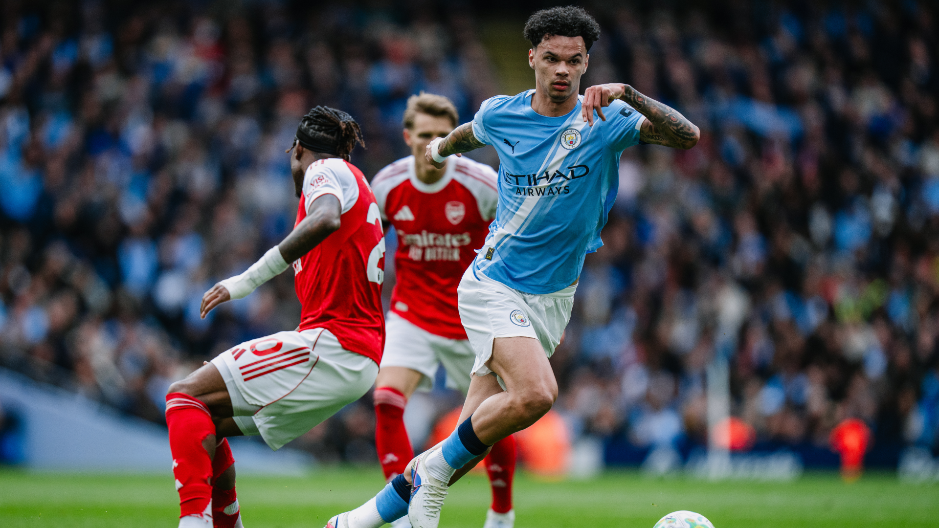 YOUNG GUN: Nico O'Reilly in the thick of the Etihad action