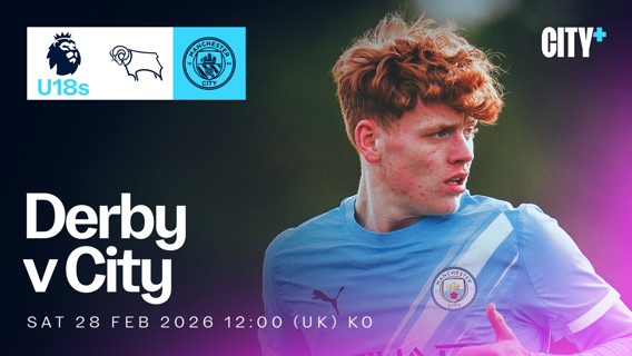 Promotional graphic for the U18 Premier League match between Derby County and Manchester City. The match is scheduled for Saturday, February 28, 2026, at 12:00 UK time.