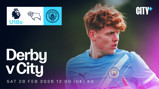 Promotional graphic for the U18 Premier League match between Derby County and Manchester City. The match is scheduled for Saturday, February 28, 2026, at 12:00 UK time.