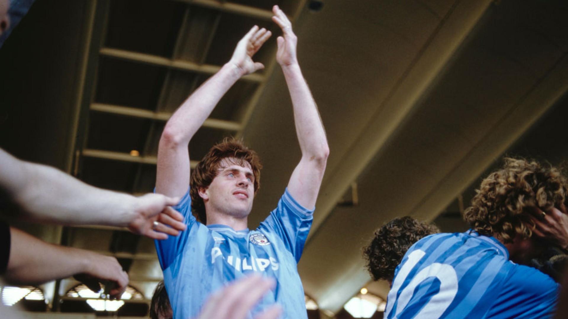 WE ARE GOING UP: Jim Melrose salutes the City fans on what was a famous day.