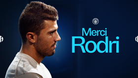 Profile view of person with the text 'Merci Rodri' and the Manchester City logo on a blue background.