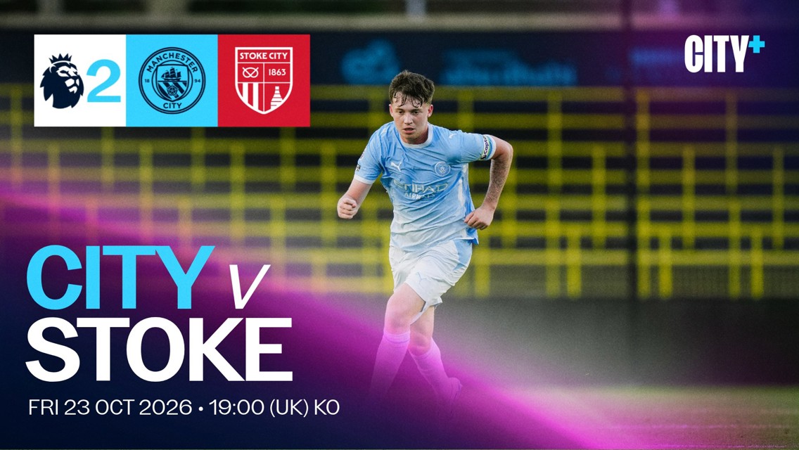 A promotional image for a football match between Manchester City and Stoke City on Friday, 23 October 2026 at 19:00 UK time. Featuring a player from Manchester City.