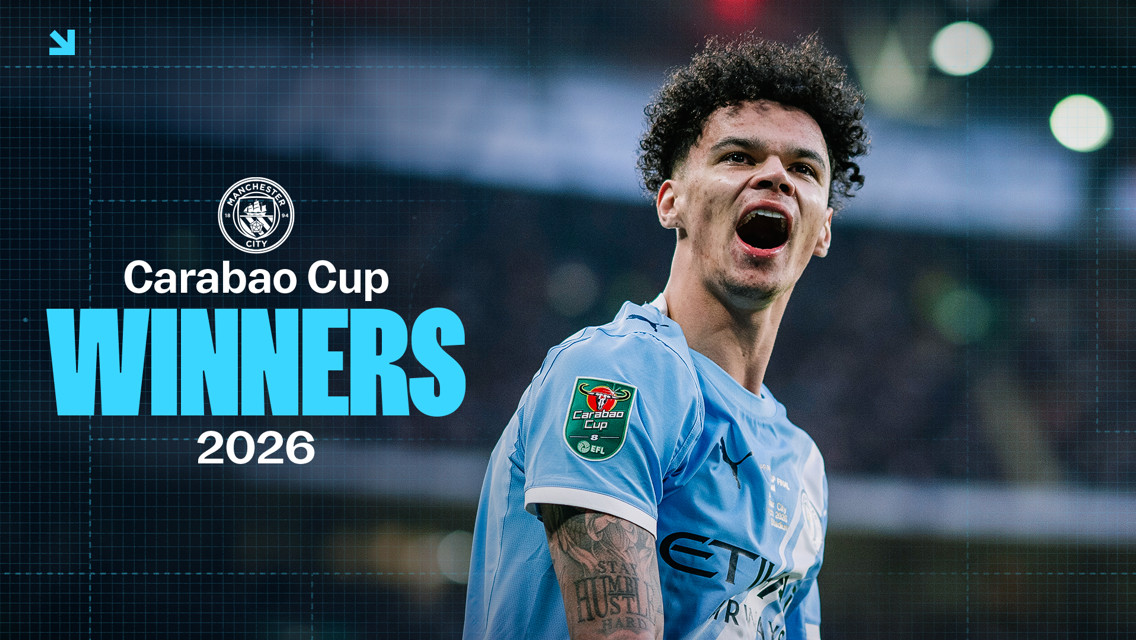 Manchester City Carabao Cup Winners 2026 with a blurred player in their uniform featuring the Carabao Cup patch.