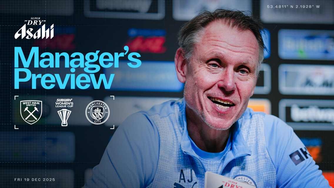 Blurred image of a Manchester City manager discussing an upcoming match against West Ham United in the Subway Women's League Cup on December 19, 2025. Sponsored by Asahi.