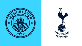 The image features logos of Manchester City and Tottenham Hotspur. The Manchester City logo is on the left with a ship and flower design, while the Tottenham Hotspur logo with a cockerel on a football is on the right.